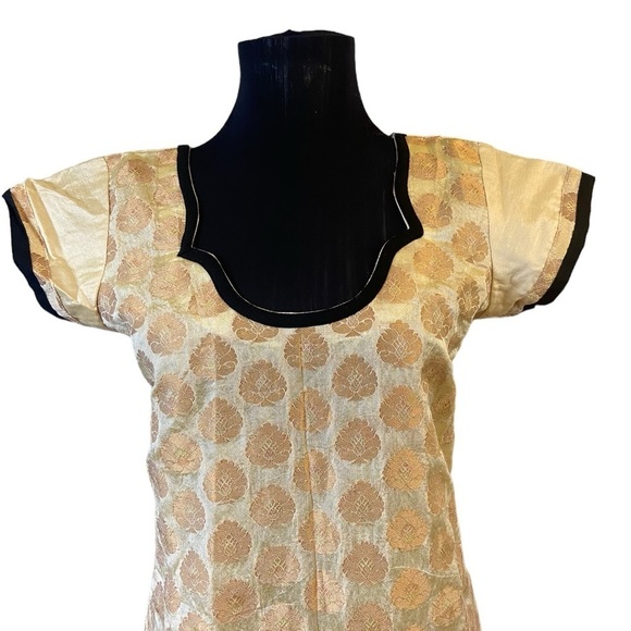 Beautiful Cream Gold Kurta With Pink Black Gold Embroidery at Bottom - Picture 3 of 15
